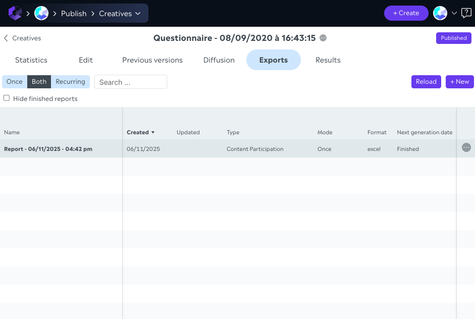 Report list in Creative editor